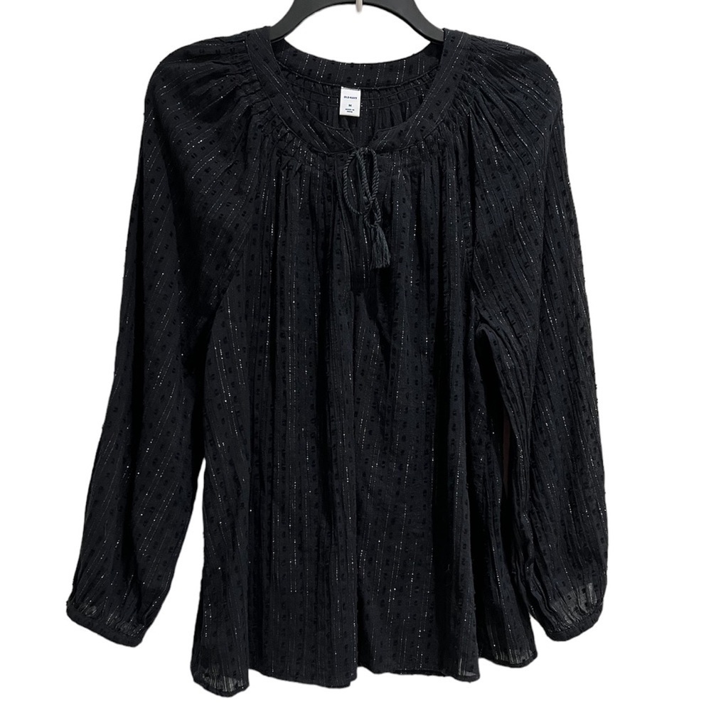Old Navy Tie-Neck Swiss Dot Swing Blouse Metallic Threads Size Medium